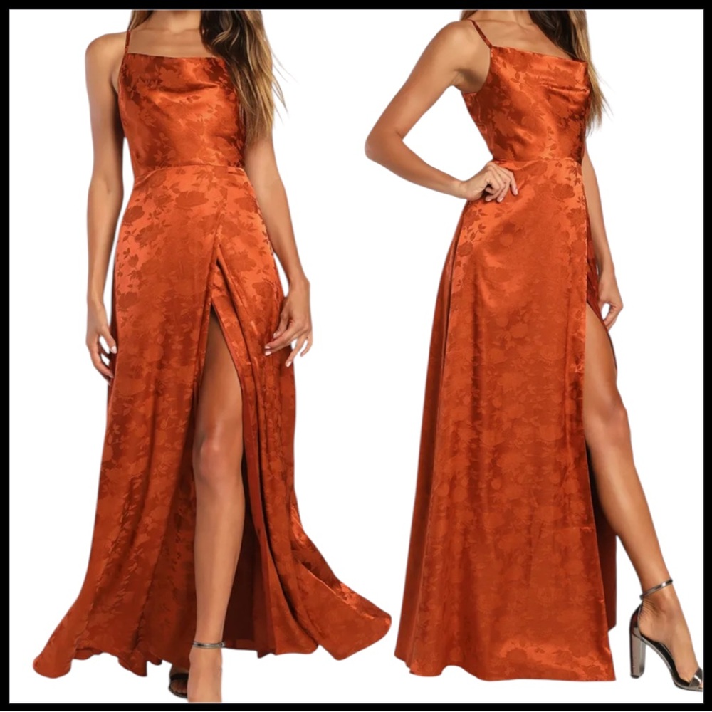 LULUS burnt orange floral maxi dress with slit